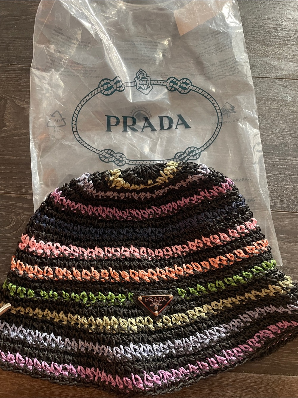 Prada Black Crochet Bucket Hat with Pastel Stripe Accents - Picture 3 of 5